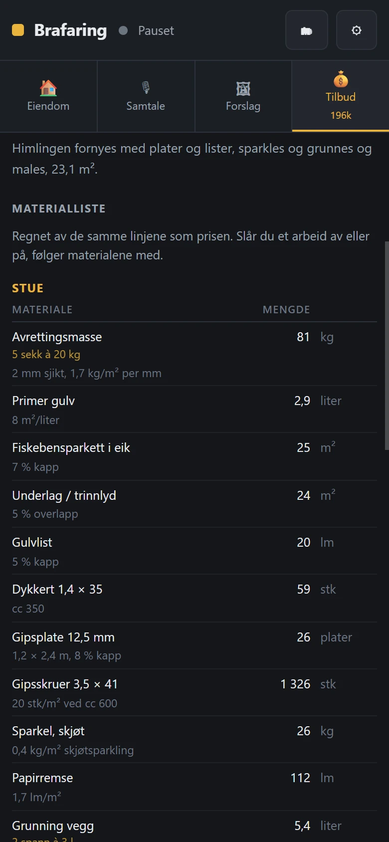 Utsnitt av materiallista for stua i appen, regnet av de samme linjene som prisen. Under hver vare står normtallet: gipsplate 12,5 mm, 26 plater, 1,2 × 2,4 m, 8 % kapp; gipsskruer 3,5 × 41, 1 326 stk, 20 stk/m² ved cc 600; sparkel 26 kg, 0,4 kg/m²; papirremse 112 lm, 1,7 lm/m².